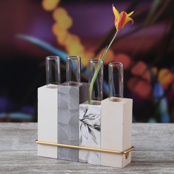 Deko Vase mit 4 Reagenzgläsern - Blumenvase - Holz - H: 18cm - creme/grau