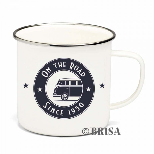 VW Collection Emaille Tasse "ON THE ROAD" - 500ml - mit Edelstahlrand