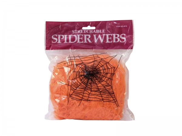 Spinnennetz synthetisch, orange, 100g Packung - Gruseldekoration + 2 Kunststoffspinnen - Spinnweben
