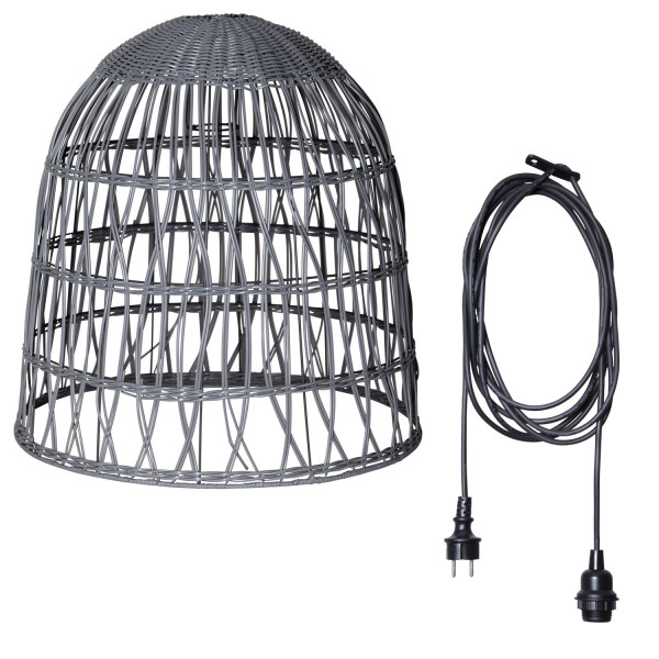 Lampenschirm BELL wetterfest - Rattan-Optik - mit E27 Kabelfassung - D: 48cm/H: 50cm - grau
