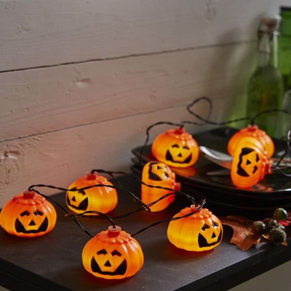 LED Halloween Lichterkette "Pumpy" - 8 orangene Kürbisse - L: 2,1m - Batterie - Timer