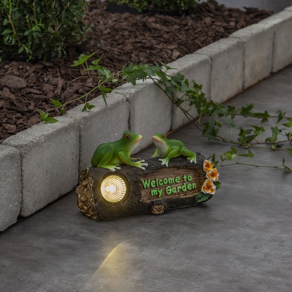 LED Solar Figur Froggy - 2 Frösche auf Baumstumpf - warmweiße LED - Dämmerungssensor