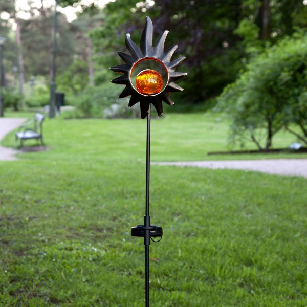 LED Solarstab "Sonne"- schwarz - amber LED - Glaskugel im Kopf - H: 84cm - Dämmerungssensor