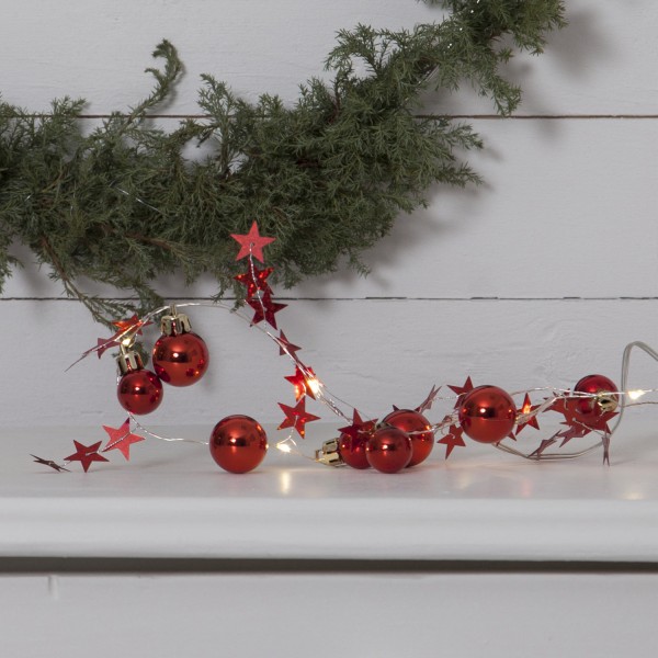 LED-Lichterkette "Xmas" - 10 warmweiße LED - rote Kugeln und Sterne - 0,9m - Batterie - Timer