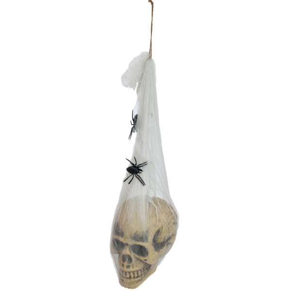 Totenkopf im Spinnennetz, 30cm Halloween Figur - mit 2 Spinnen - Gesamthöhe: 70cm - Spinnweben
