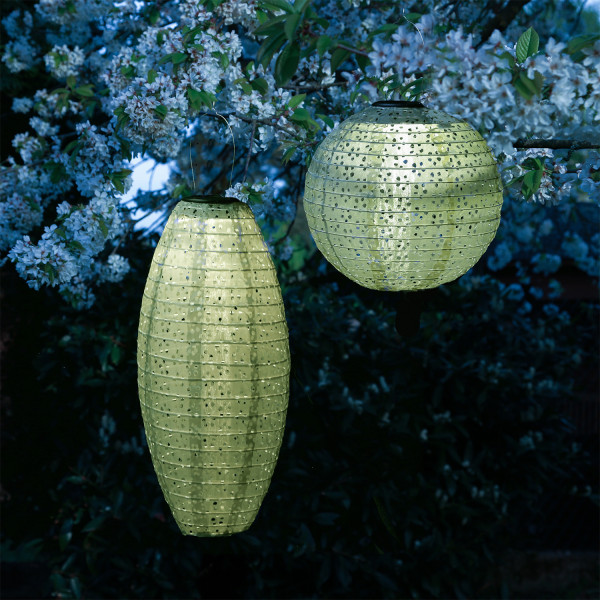 LED Solar Lampions - mit Blumenmuster - warmweiß - H: 25cm/40cm - Lichtsensor - grün - 2 Stück