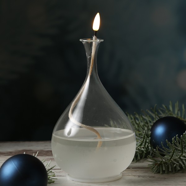 LED Kerze im Glas - Öllampe mit Flüssigwachs Optik - flackernde 3D Flamme - Timer - H: 18,5cm