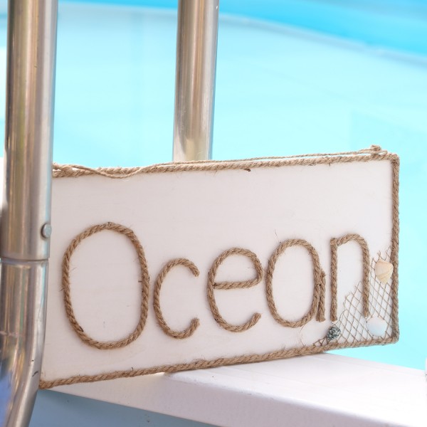 Wandschild OCEAN - Holzschild - Wanddeko - Schriftzug aus Juteseil - Seilhalterung - H: 20cm