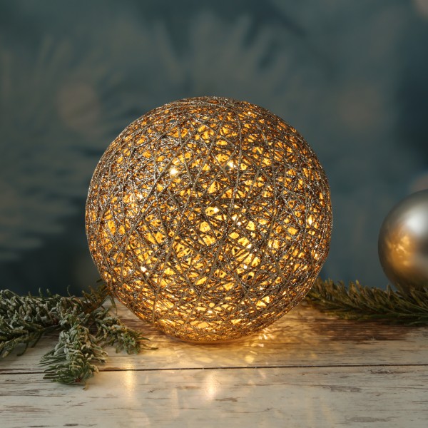 LED Dekokugel - Papierkugel - glitzernd - 30 warmweiße LED - D: 20cm - Batteriebetrieb - gold