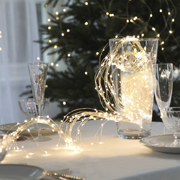 LED Lichtbündel "Dew Drop" - 360 warmweiße LED auf 23 silbernen Drähten - 2000K - 2m - inkl. Trafo