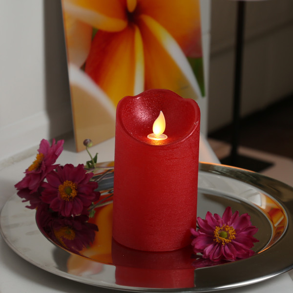 LED Kerze mit beweglicher Flamme - Rustik-Optik - Echtwachs - Timer - H: 12,5cm - D: 7,5cm - rot