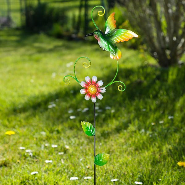 Gartenstecker Blume und Kolibri - Beetstecker - Metall - H: 62cm - für Außen - bunt