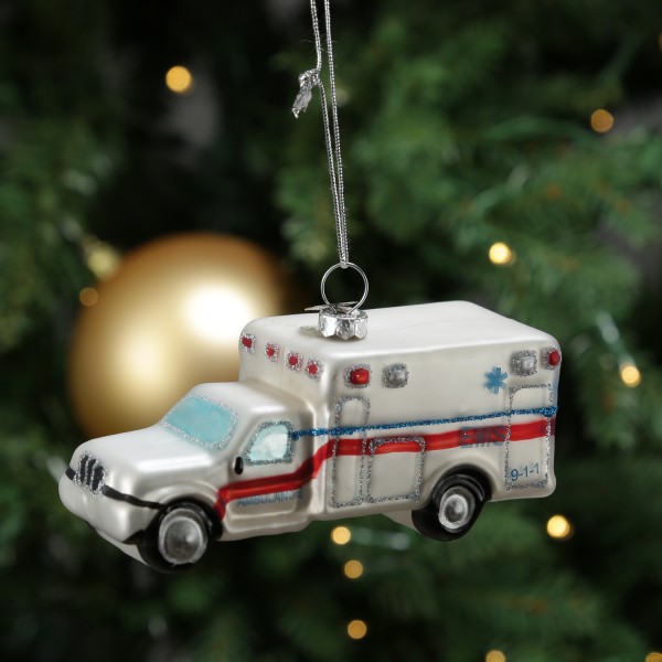 Weihnachtsbaumschmuck Krankenwagen - Christbaumschmuck - Glas - L: 11cm - weiß