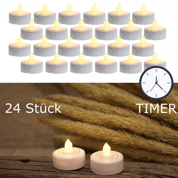 LED Teelichter - warmweiß flackernde Flamme - inkl. Batterien - Timer - D: 3,6cm - weiß - 24er Set