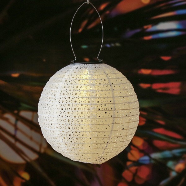LED Solar Lampion - mit Blumenmuster - warmweiße LED - H: 25cm - D: 25cm - Lichtsensor - weiß
