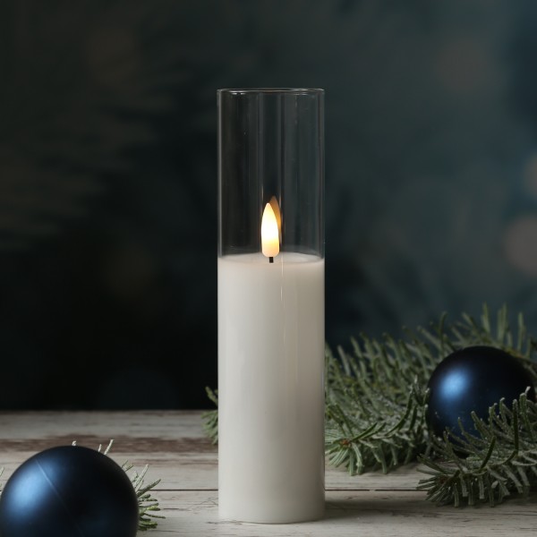 LED Kerze im Glas - Windlicht - Echtwachs - flackernde 3D Flamme - Timer - H: 20cm - weiß