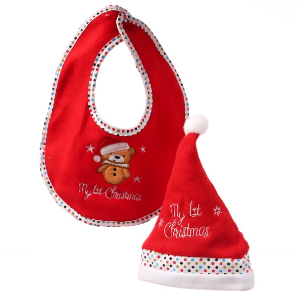 Baby Weihnachts-Geschenkset 1st CHRISTMAS - Mütze und Lätzchen mit Bär - Polyester - rot, weiß