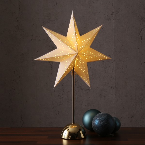 LED Papierstern Lottie - 7-zackig - stehend - H: 55cm - 46 warmweiße LED - Timer - gold/weiß