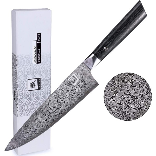 ZAYIKO Damastmesser BLACK EDITION "Chefmesser" - Pakkaholz - VG-10 Stahlkern