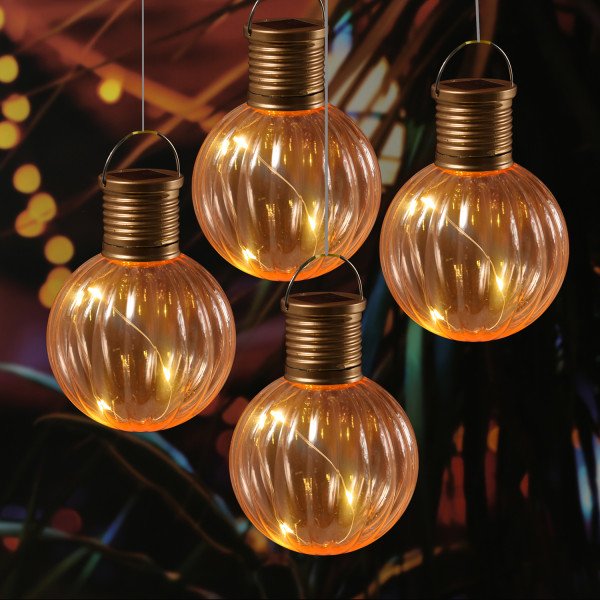 LED Solar Glühbirnen GLOW - Kugelleuchten - wamweiße LED - H: 11cm - Lichtsensor - orange - 4er Set
