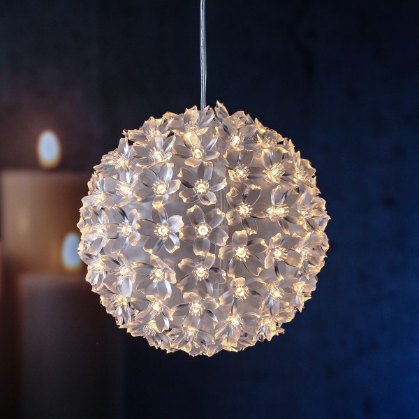 LED Lichtkugel Blume - hängend - D:15cm - 100 warmweiße LED - Kabel - für Innen - transparent