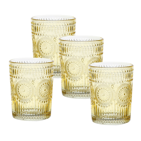 Trinkgläser Vintage mit Blumenmuster - Glas - 280ml - H: 10cm - Bohostil - gelb - 4er Set