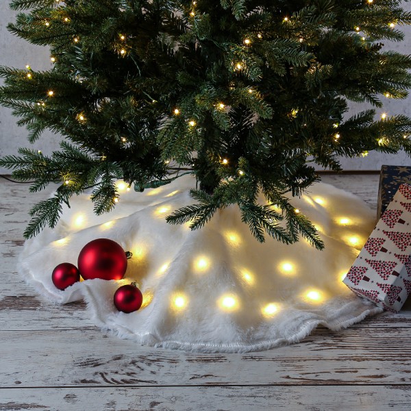 LED Weihnachtsbaumdecke - Plüsch-Baumteppich - Polyester - 47 warmweiße LED - D: 90cm - rund - weiß