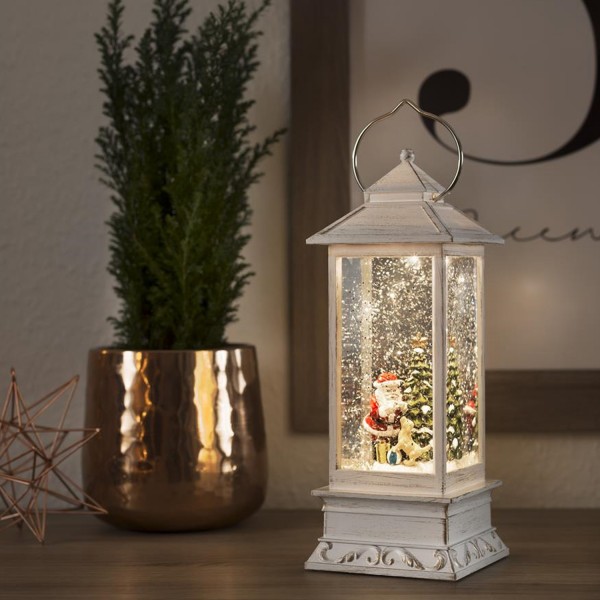 LED Schneelaterne Weihnachtsmann/Hund - 1 warmweiße LED - Timer - Batterie - Innen - vintage - weiß