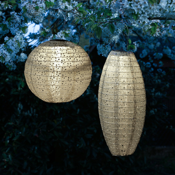 LED Solar Lampions - mit Blumenmuster - warmweiß - H: 25cm/40cm - Lichtsensor - beige - 2 Stück