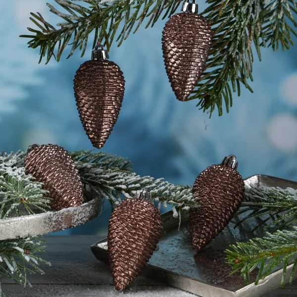Christbaumschmuck ZAPFEN - Weihnachtsbaumschmuck - bruchfest - glitzernd - H: 8cm - braun - 6er Set