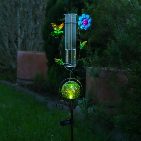 LED Solarstecker KOLIBRI - mit Regenmesser - H: 93cm - grüne Kugel