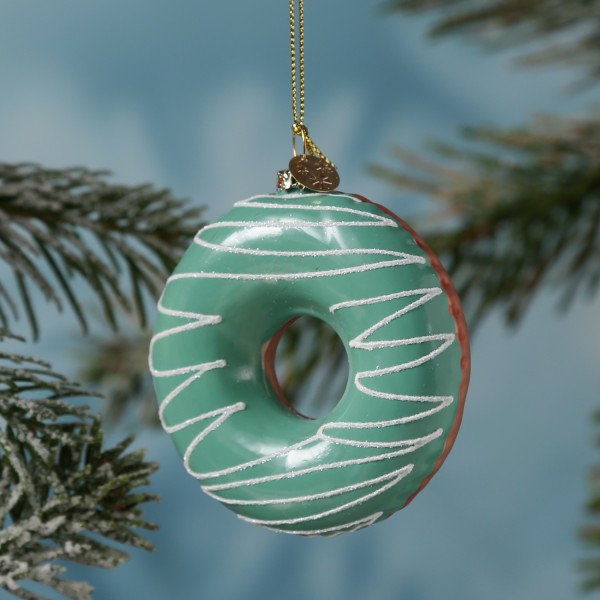 Weihnachtsbaumschmuck DONUT - Glas - inkl. Aufhänger - glänzend mit Verzierung - H: 8,5cm - blau