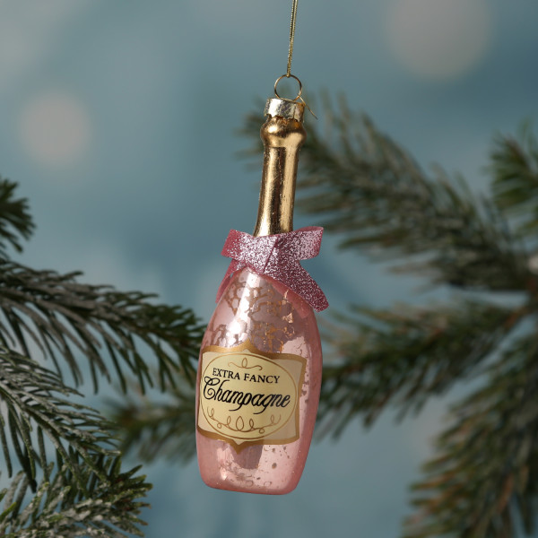 Weihnachtsbaumschmuck CHAMPAGNER Flasche - Glas - inkl. Aufhänger - H: 13,5cm - rosa