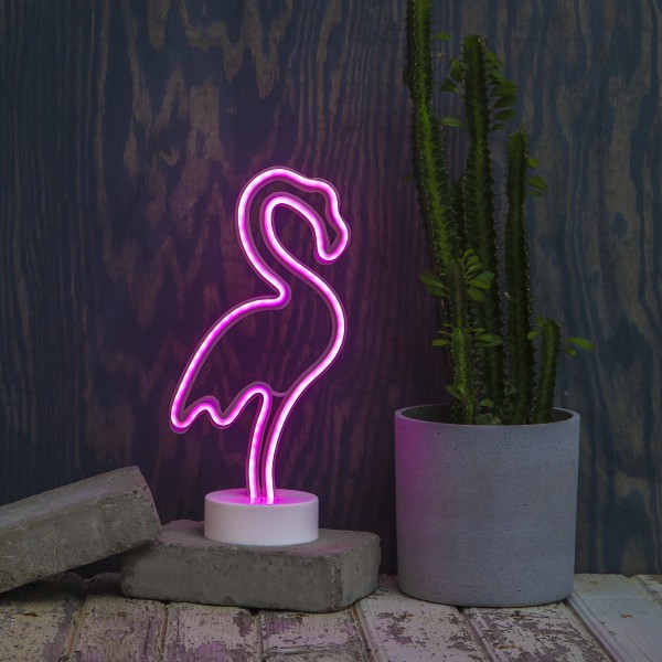 LED Neonlampe FLAMINGO - Silhouette Dekoleuchte - Batteriebetrieb - H: 31cm - stehend - pink