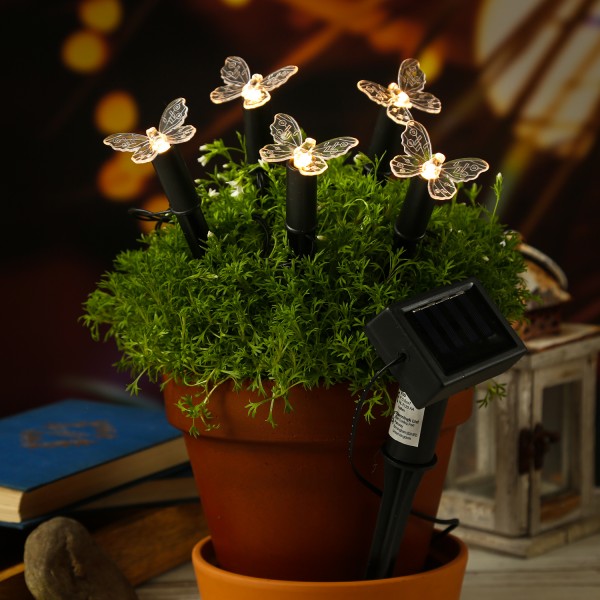 LED Solar Lichterkette Schmetterlinge - 5 Gartenstecker - L: 1,2m - H: 17cm - Lichtsensor - f. Außen
