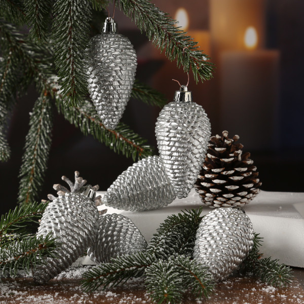 Christbaumschmuck ZAPFEN - Weihnachtsbaumschmuck - bruchfest - glitzernd - H: 8cm - silber - 6er Set