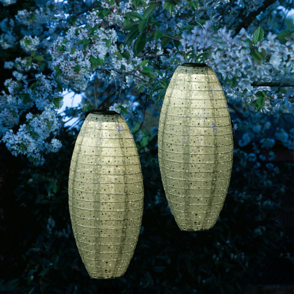 LED Solar Lampions oval - mit Blumenmuster - warmweiß - H: 40cm - Lichtsensor - grün - 2 Stück