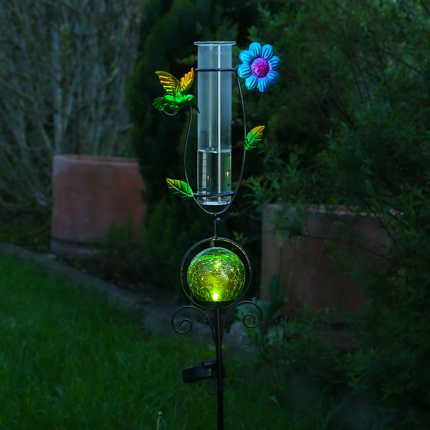 LED Solarstecker SCHMETTERLING Regenmesser H 93cm blaue Kugel Gartenstecker 