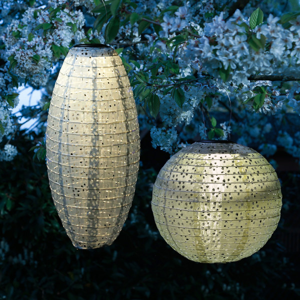 LED Solar Lampions - mit Blumenmuster - warmweiß - H: 25cm/40cm - Lichtsensor - blau - 2 Stück