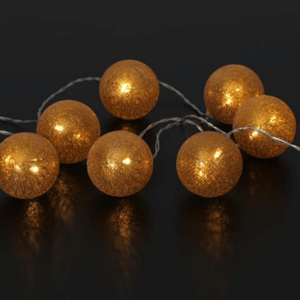 LED Ball Lichterkette - 10 Kugeln (D: 6cm) - 1,35m - transparentes Kabel - inkl. Trafo - golden