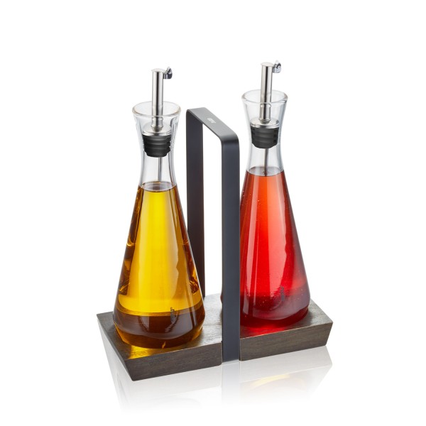 Essig- und Öl-Set X-PLOSION - edle Holzmenage - Kristallglas - 2 Dosierspender - je 0,25l