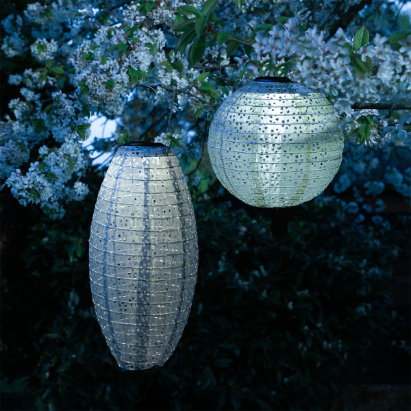 LED Solar Lampions - mit Blumenmuster - warmweiß - H: 25cm/40cm - Lichtsensor - blau - 2 Stück