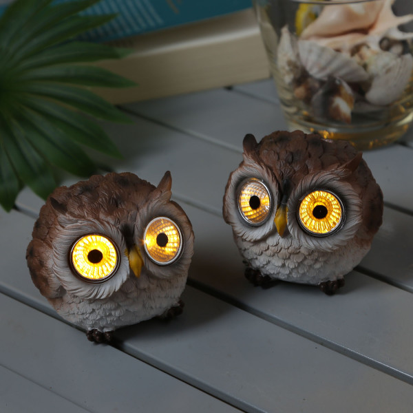LED Solar Eulen - Gartenfigur - 2 warmweiße LED - H: 8cm - D: 9cm - Lichtsensor - braun - 2er Set