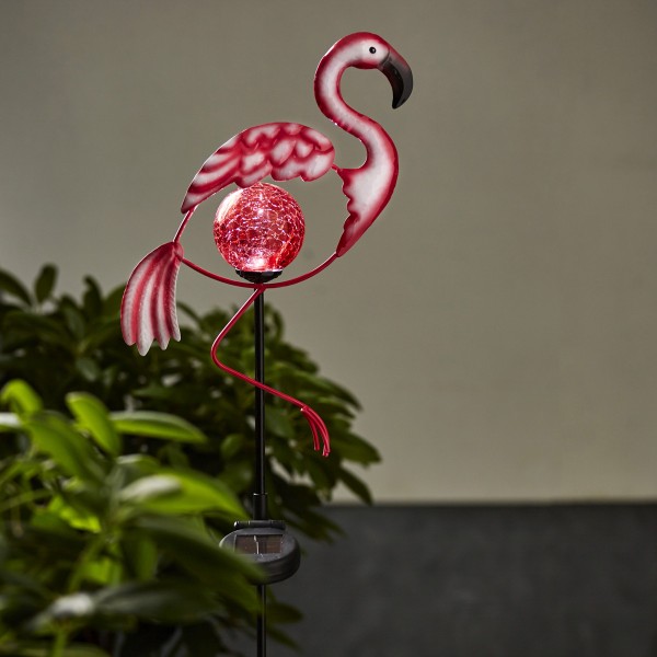 LED Solar Gartenstecker Flamingo - rote LED in Glaskugel - H: 80cm - Dämmerungssensor - pink