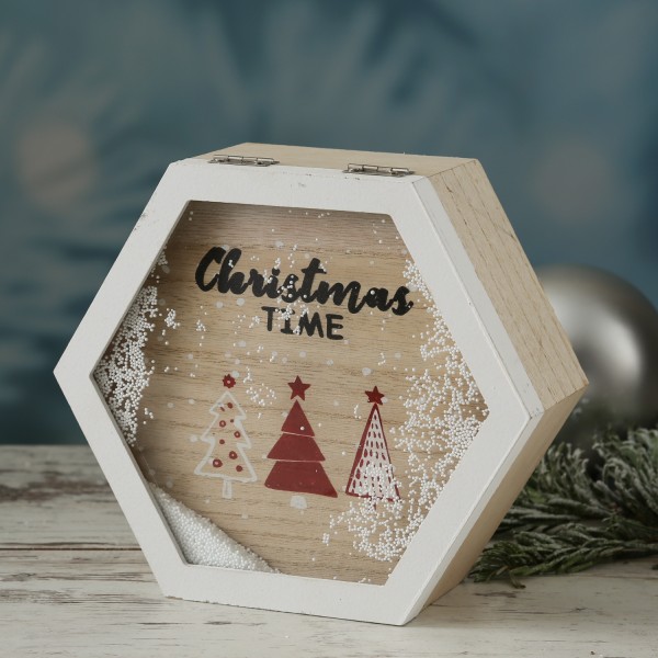 Holzbox CHRISTMAS TIME - Geschenkbox - Schneefenster mit Weihnachtsmotiv - L: 20cm - weiß