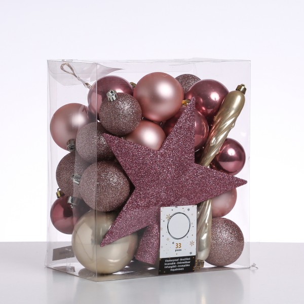 Christbaumkugel - Weihnachtsbaumkugel - bruchfest - glänzend matt glitzernd - creme rosa - 33er Set