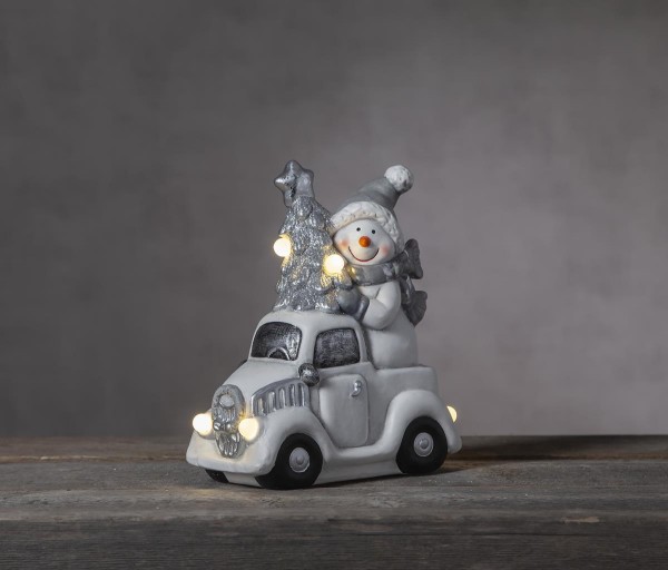 LED-Keramik-Figur "Friends" - Schneemann auf Auto - 6 warmweiße LEDs - ↑23cm