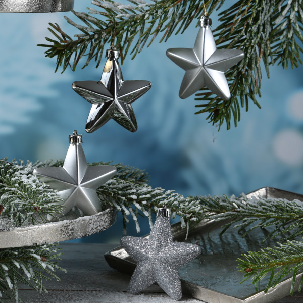 Christbaumschmuck STERN - Weihnachtsbaumschmuck - bruchfest - H: 7,5cm - silber - 6er Set