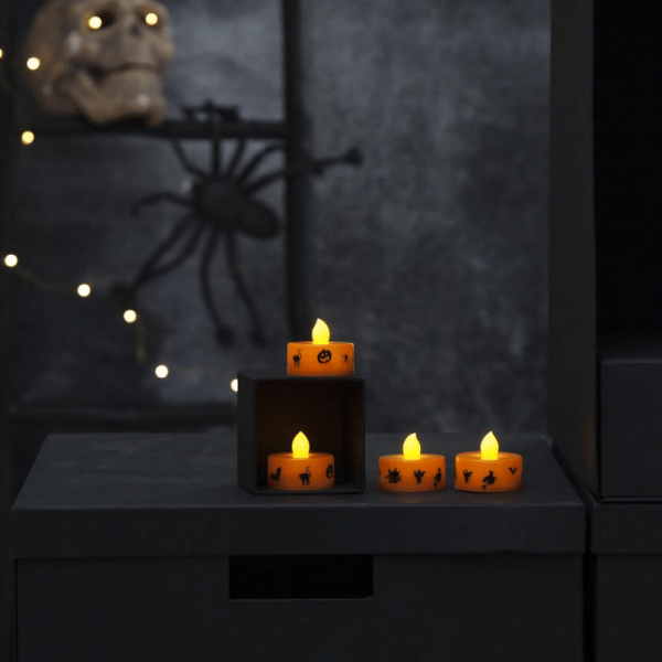 LED Teelichter "Halloween" - gelbe Flamme - H: 3cm - D: 4cm - Batteriebetrieb - orange - 4er Set