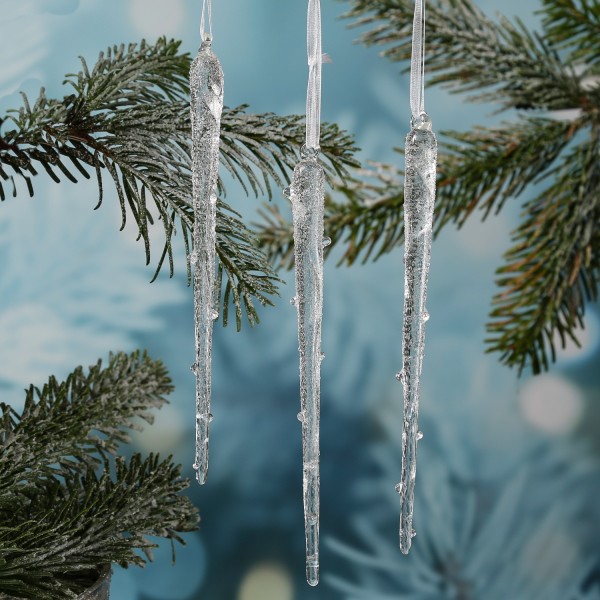 Weihnachtsbaumschmuck EISZAPFEN - Glas - inkl. Aufhänger - gefrostet - H: 20cm - transparent - 3St.